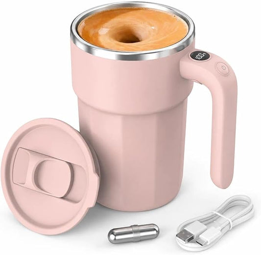 Self Stirring Coffee Mug, 12oz Rechargeable Magnetic Mixing Cup with Temperature Display, 316 Stainless Steel Electric Stirring Cup with Lid & Handle for Coffee, Cocoa, Matcha, Creamer, Mushroom Coffe