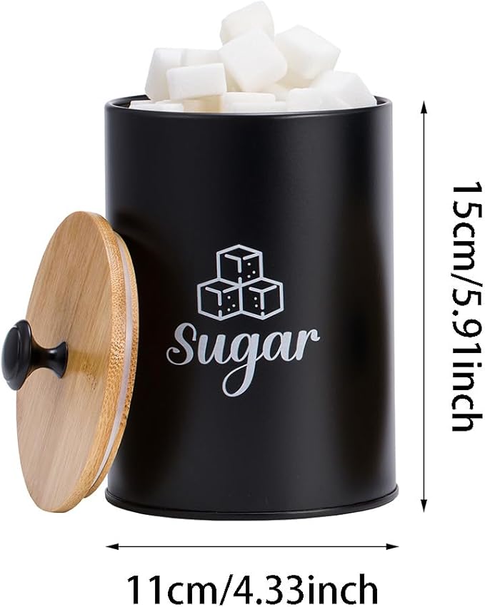 3 Pack Kitchen Canisters with Bamboo Lids, Metal Canister Set for the Kitchen Counter, Airtight Coffee Container Tea Organizer & Sugar Canister, Rustic Kitchen Decor Containers-Black