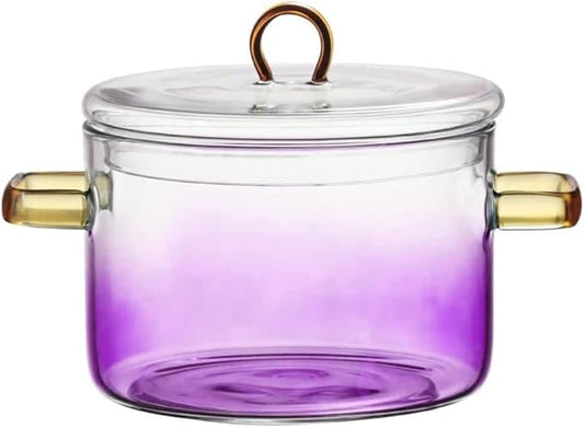 Glass Cooking Pot with Cover, Heat Resistant Glass Saucepan Cooking Pot and Pan with Lid, Glass Cookware Set Cooktop Safe for Pasta Noodle, Soup, Milk, Baby Food (Gradient Purple-1500ml)