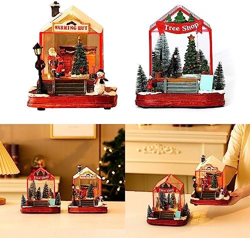 Handcraft Christmas House Collectible with Rotating Train and Musical Wind Players USB Battery for Display Collectable Decor Building