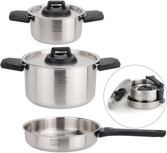 Stainless Steel Camping Kitchen Cookware Set - Frying Pan With Detachable Handle - Nesting Pots for Backpacking, Camp, and RV Cooking - 6 Piece Mess Kit - 1.5L Frypan, 1.5L Small Pot & 3.5L Medium Pot