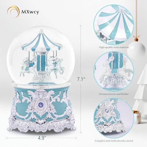 Carousel Music Box Moose Silver & Turquoise Christmas Snow Globes, 7.1" Rotate Carousel Snow Globe for Kids & Adults, Classic Wind up Musical Snow Globe Valentines Day Gifts for Women Girls Home Decor