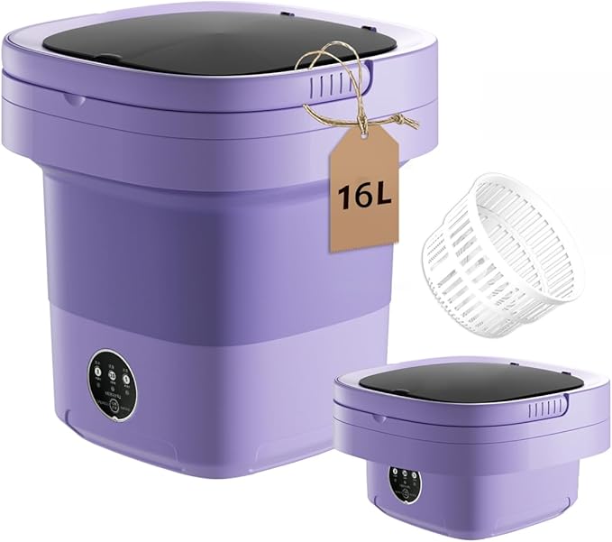 16L Portable Washing Machine, Folding Clothes Washer with Spin Basket & 3 Modes | Mini Washer for Underwear, Socks, Baby Clothes | Compact Washing Machine for Apartments, RV & Travel, Home (Purple)