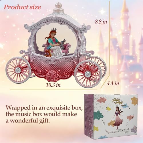 Christmas Pink Carriage Snow Globe with Music and Pricess - Girl with a Crown Scene Water Lantern with Glitter Snow and LED Light - Battery Or USB Cable Powered Operated (Pink Princess)