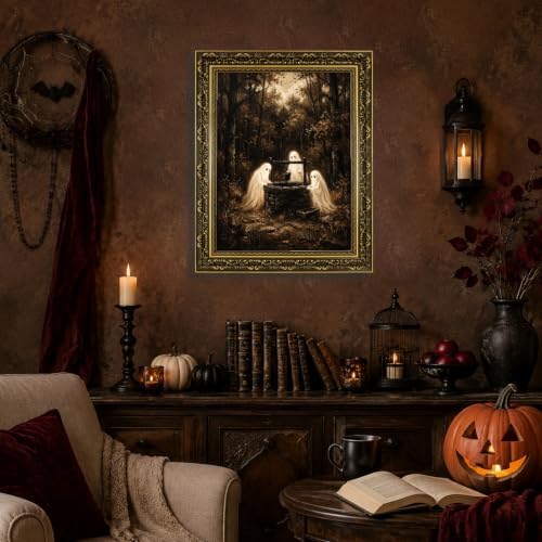 Gold Vintage Framed Ghost Wall Art, Spooky Halloween Forest Print