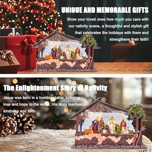 13.2''Nativity Christmas Snow Globe Lantern - Cottage & Nativity Scene (Jesus Birth), Lighted with Swirling Glitter, USB Powered, Plays Music, Holiday Decoration & Festive Gift