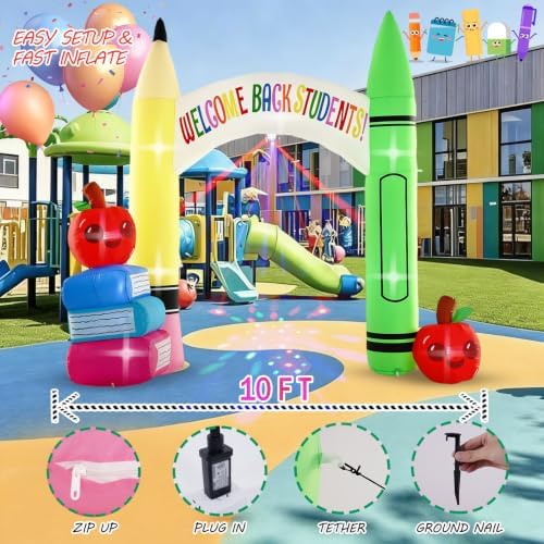 10FT Back to School Inflatable Archway Outdoor Decoration with Color Rotating Lights, Waterproof Blow Up Pencil Yard Lawn Patio First Day of School Party Decoration for Kindergarten Elementary School