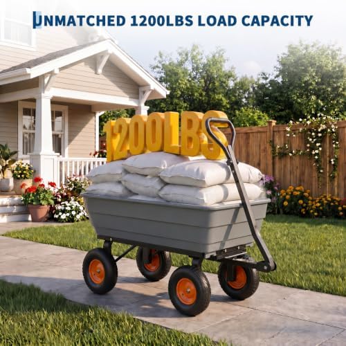 Heavy-Duty 1200 lb Poly Garden Dump Cart with 180° Adjustable Handle, Quick-Release Dump & All-Terrain Utility Wagon – Gray Bucket with Orange Rims