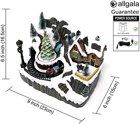 allgala Christmas Village House with Train Crafted Polyresin Christmas House Collectable Figurine with USB and Battery Dual Power Source-Moving Train and Tree-XH93446