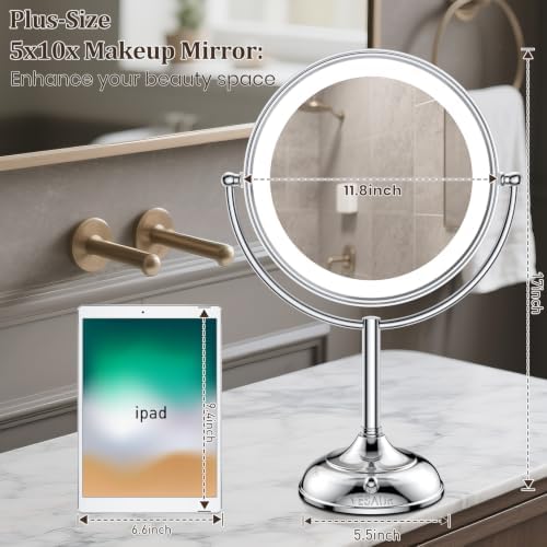 VESAUR 11.8" Extra Large 17" Tall Lighted Makeup Mirror, 1X/5X/10X 3-Sided Magnifying Mirror with 96 LEDs, 3 Color Dimmable Lights, 360° Swivel Dual Power Vanity Mirror, Silver Nickel Luxury Gift Box