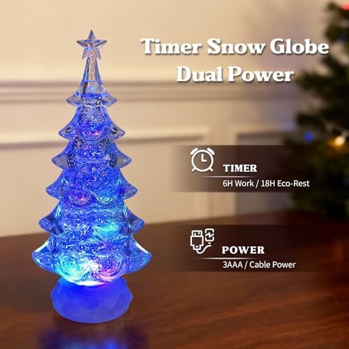 Snow Globe Christmas Tree - 12.4" Lighted Christmas Snow Globe Lantern with Color Changing LED, Battery/USB Operated Timer Crystal Tree Indoor Holiday Decor Gift