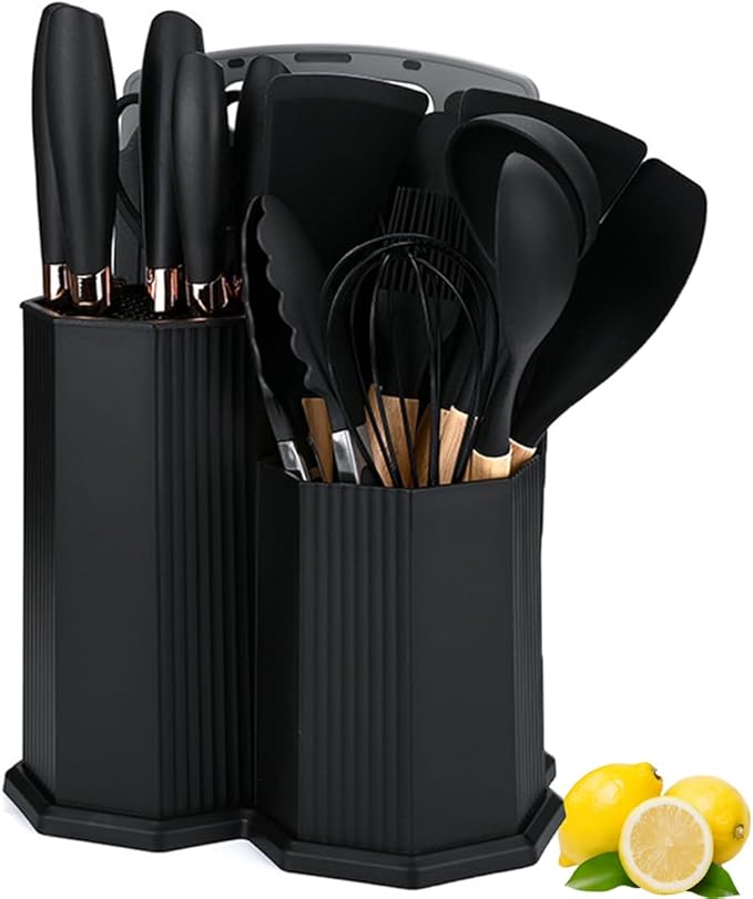 Kitchen Cooking Utensils and Knife Set with Holder Block, 19 Pieces Cooks Cutting Set 11 Pcs Silicone Cooking Utensils Sharp Stainless Steel Knives Scissors Whisk Tongs and Cutting Board (Black)