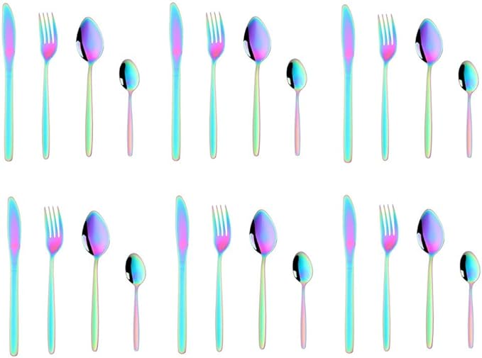 Rainbow Silverware Set, BuyGo 24-Piece Stainless Steel Camping Flatware Dinnerware Set for 6, Hand Polish, Dishwasher Safe