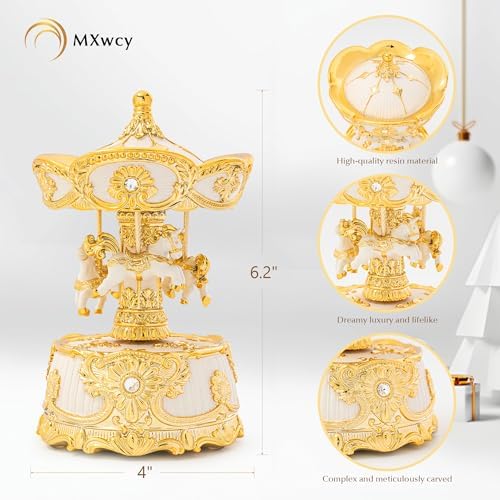 MXwcy 6.2" Horse Carousel Music Box, Vintage Rotating Merry Go Round with Wind Up Melody, Gold & Ivory Musical Carousel Decor, Elegant Tabletop Centerpiece & Keepsake Gift for Mom Women Girls