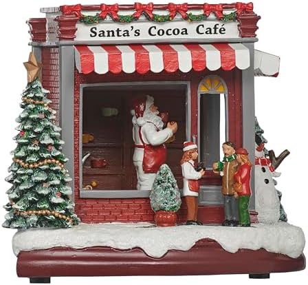 Roman LED Musical Santa’s Cocoa Café, 7.5" Amusments, Rotating Christmas Village Scene, Lighted Holiday Décor, USB or Battery Operated