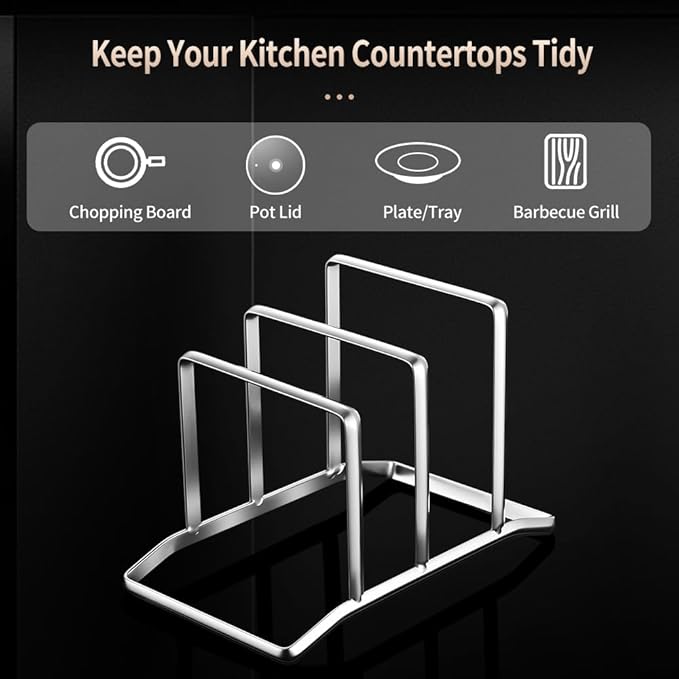 Pot Lid Holder and Cutting Board Organizer, Stainless Steel Kitchen Storage Rack for Lids and Boards, Space-Saving Cooling Rack Organizer for Countertop and Cabinet, Chopping