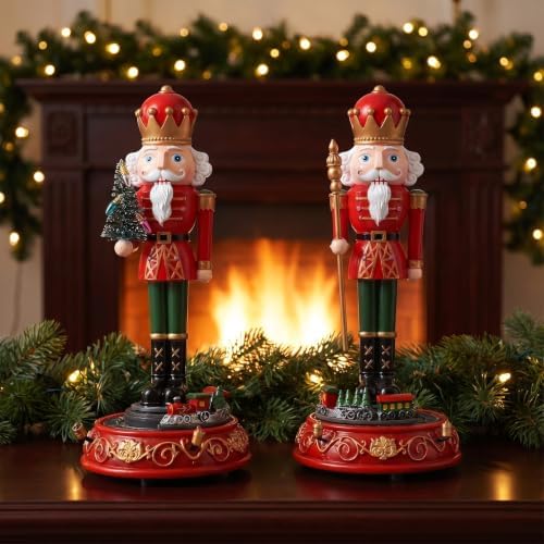 VOSAREA 2pcs Traditional Nutcracker Figurines Music Box - Christmas Tabletop Nutcracker Decor with Wind-up Spinning Train - Holiday Shelf Centerpiece for Home Office
