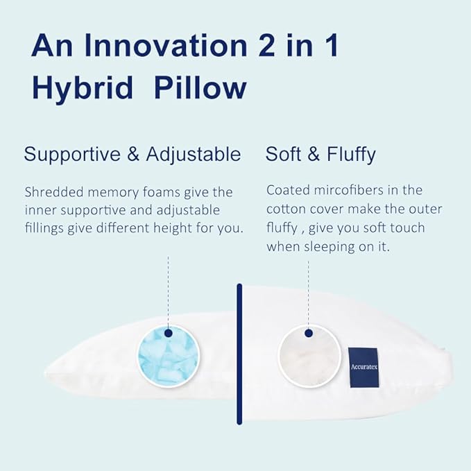 ACCURATEX Hybrid Pillow for Sleeping, Adjustable Shredded Memory Foam Pillow Core with Fluffy Down Alternative Fill Removable Cotton Cover,for Side,Back,Stomach Sleepers,King Size, 1 Pack