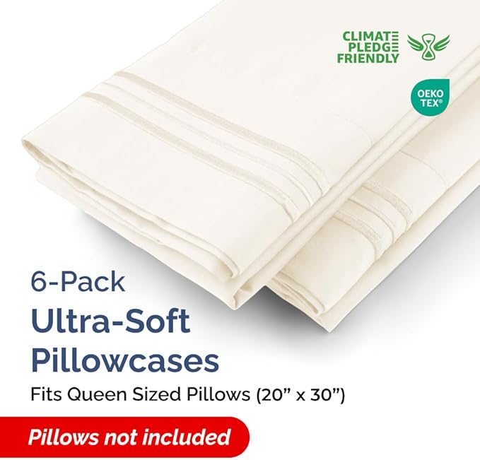Queen Pillow Cases Set of 6 - Ultra Soft Hotel Quality Pillowcase Covers - Comfy, Cozy & Wrinkle Free - Shrink, Stain and Fade Resistant - Machine Washable Pillow Protectors - 6 Piece Set - Off White