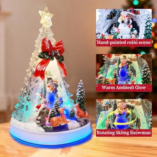 12.8" Animated Christmas Village Crystal Tree with Rotating Skiing Snowman and Lights, Auto 6H Timer and 8 Melodies, USB-DC/Battery Powered Christmas Decorations Collectible Buildings