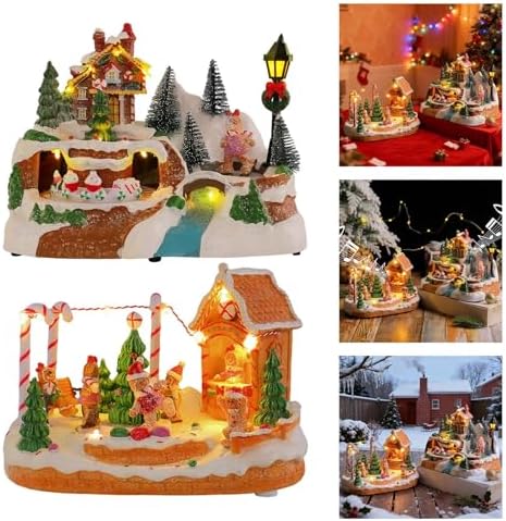 LED Light Christmas Village Scene with Rotating Train Musical Lighted Collection Figurines for Home Decors Musical Village Houses Figurine