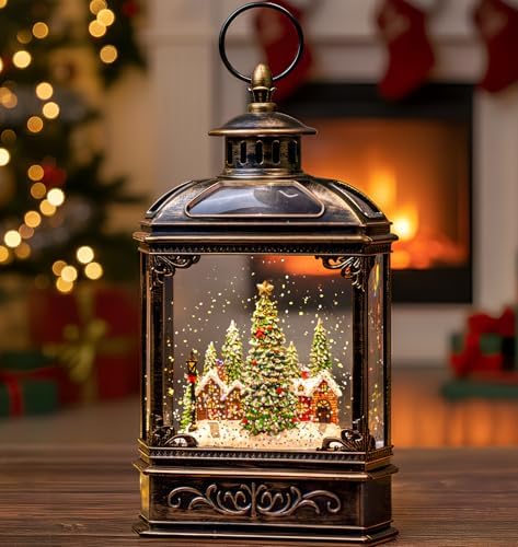 Christmas Village Snow Globe Lantern Musical Lighted Village House Water Lantern in Swirling Glitter, Christmas Home Decoration and Gift, Battery Operated or USB Powered