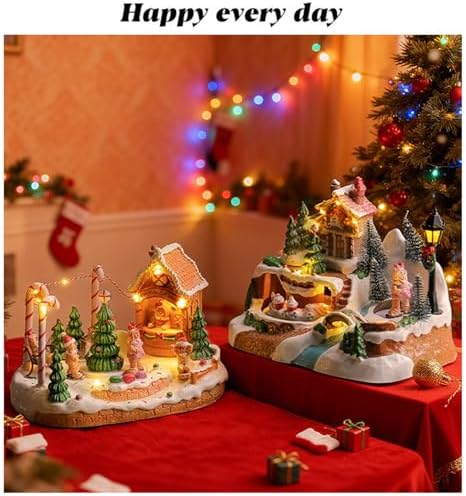 LED Light Christmas Village Scene with Rotating Train Musical Lighted Collection Figurine Home Decor Musical Village House Figurine