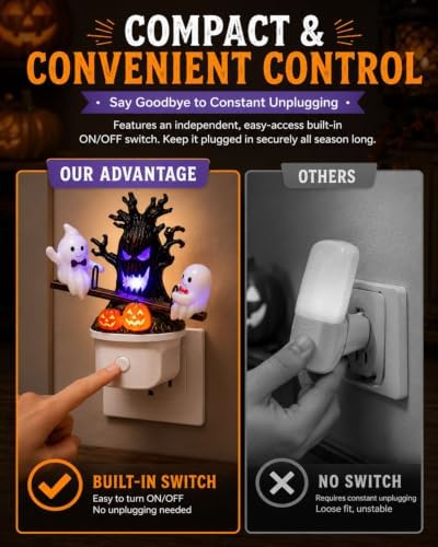 Animated Seesaw Ghost Plug in LED Night Light Halloween Lights with Spooky Tree Pumpkin Design Decor 3D Cute Halloween Ghost Light 2026 New Halloween Pumpkin Trees Lamp Table Lamps