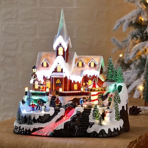 15" Christmas Village Church House - Animated Winter Scene with Turning Skaters, Rotating Carousel, Fiber Optic Lights, and Music for Christmas Home Decor Gift - Adapter Included