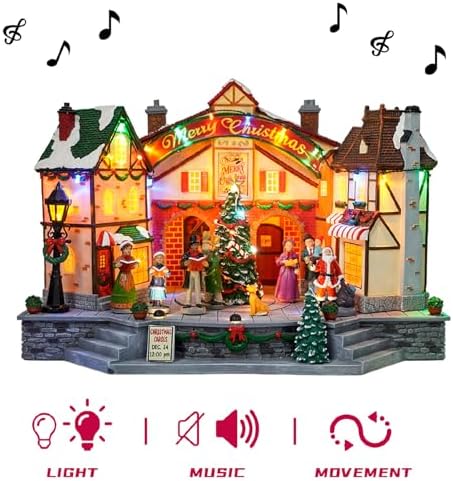 Christmas Village House Decoration, Colourful LED Lights Light Up Buildings, with Rotating Scene, Multi-Color LED Lights, Christmas Cinema Scence, Music Rendering Atmosphere