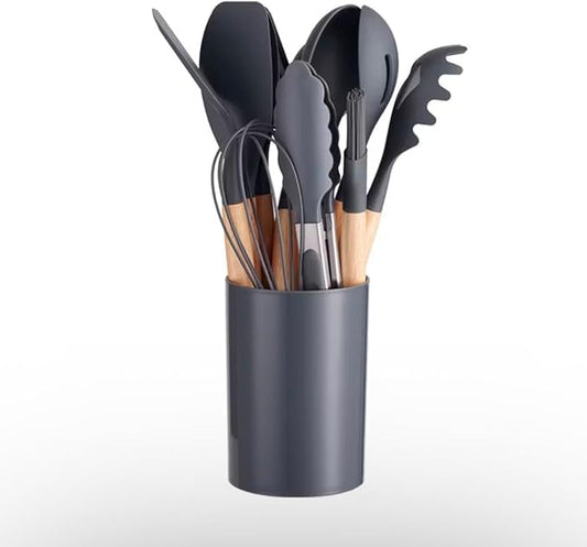 Silicone Kitchen Utensil Set with Wooden Handles – 12 Pieces + Holder, Heat Resistant, Non-Stick Cooking Tools (Multiple Colors (gray)