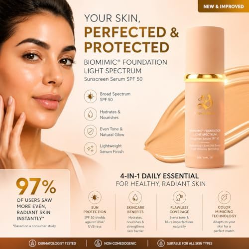Forever Bloom Bio Mimic Foundation Light Spectrum SPF50 hydrates, conceals and evens tone with a lightweight, anti-aging finish for mature, sensitive skin—perfect for gym, sports or dance