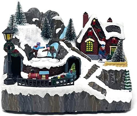 allgala Crafted Polyresin Christmas House Collectable Figurine with USB and Battery Dual Power Source-Moving Train and Skaters-XH93445