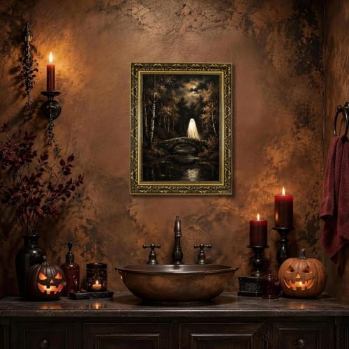 Gold Vintage Framed Ghost Bridge Wall Art, Spooky Halloween Forest Print