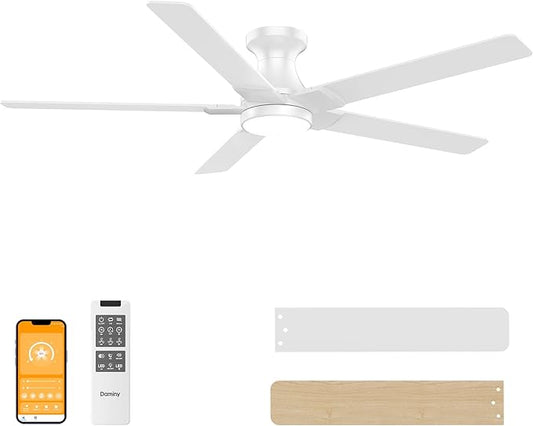 DAMINY 52 inch White Ceiling Fans with Lights,5 Blades,6CCT, Low Profile,Remote Control,for Bedroom, Kitchen,Living Room,Indoor/Outdoor Use,Flush Mount