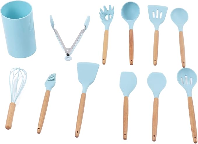 12PCS Kitchen Utensil Set, Non Stick Cooking Utensils with Wooden Handle, Silicone Kitchenware for Cooking Baking and Frying, Includes 12 Essential Tools for Home Restaurant and Pa