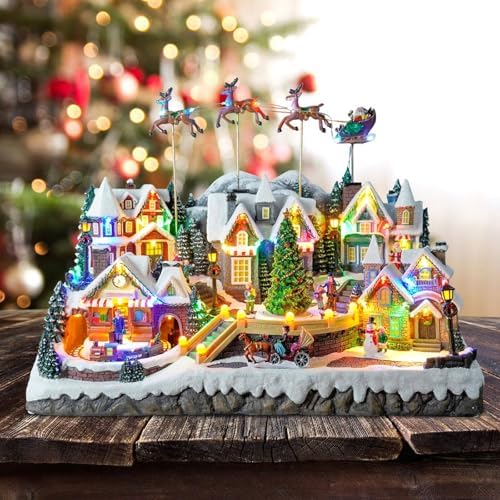 Colourful Led Lights Christmas Music, Christmas Village House, with Flying Reindeer, Rotating Christmas Tree, Moving Train, 55x32.5x43 cm