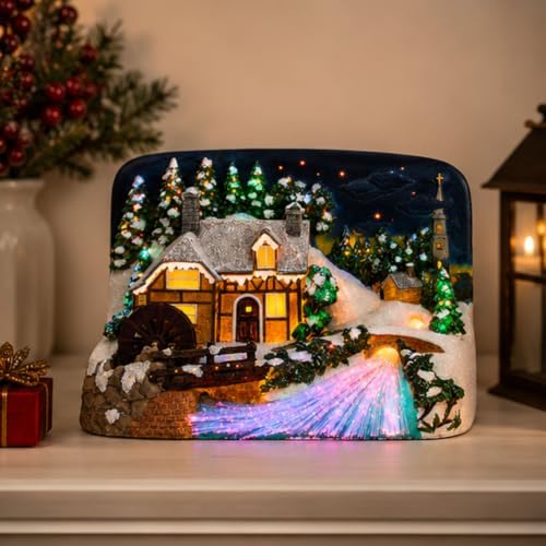Lighted Christmas Village House with Sawmill – LED Fiber Optic Christmas Village Building – Color Changing Lights, Rotating Water Wheel, Holiday Tabletop Christmas Decoration – 11"W x 8"H x 7"D