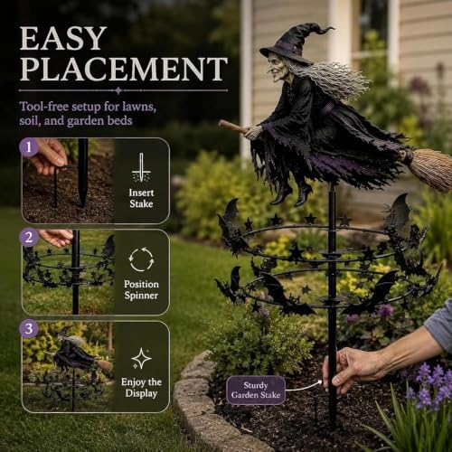 2pcs The Enchanted Witch Garden Wind Spinner, Flying Witch & Bat Design
