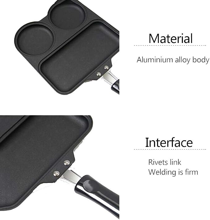Breakfast Frying Pan 3 Intervals Skillet Frying Pan Pre-Seasoned Square Grill Pan Fat-Free Fryer, Suitable for Induction Cookers, Open Flames, Stainless Steel Bottom Frying Pa