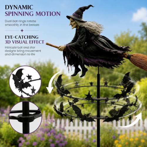 The Enchanted Witch Garden Wind Spinner, Metal Halloween Yard Stake, 3D Kinetic Outdoor Decor (2D Flat Version)