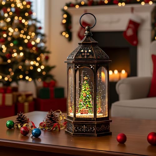 VISFLAIR 12.8'' Christmas Snow Globe, Santa Train Will Rotate Around The Christmas Tree with Musics Swirling Glitter Water Lantern Decoration for Home, Battery Operated or USB Powered
