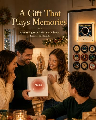 Magnetic Fridge Vinyl Music Box Christmas - 128MB NFC Magnetic Fridge Music Player with 9 Vinyl Style Discs & LED Light, Mini Vinyl Record Player for Holiday Home Display & Gifting，A