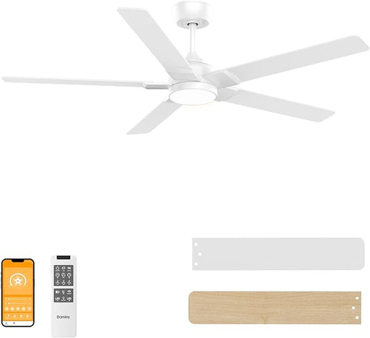 DAMINY 52 inch White Ceiling Fans with Lights,5 Blades,6CCT, Low Profile,Remote Control,for Bedroom, Kitchen,Living Room,Indoor/Outdoor Use,Downrod