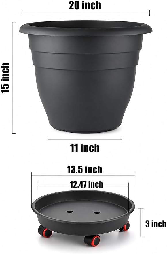 RooTrimmer 3 Pack 20 Inch Large Plant Pots with 13.5 Inch Rolling Saucers,Heavy Duty Planters with Wheels and Drainage Holes,Plastic Flower Pots for Indoor Outdoor Large Plants