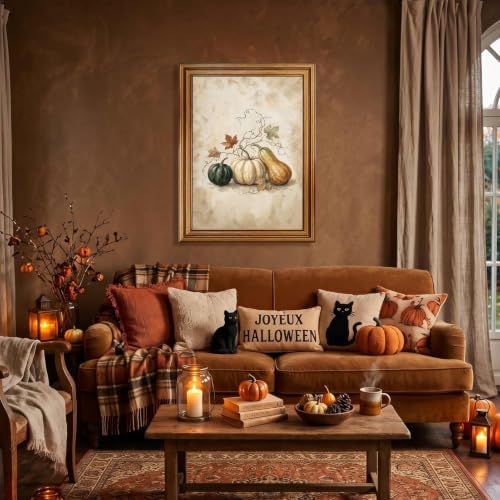 Halloween Pumpkin Wall Art, Gold Vintage Framed Rustic Fall Poster