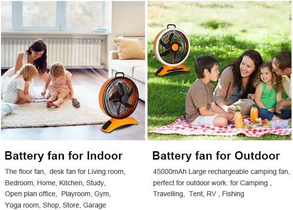 Large 45000mAh Battery Operated Camping Fan, 12-Inch Blades Portable Rechargeable Outdoor Fan with 5 Speed Display, 1040CFM High Airflow, Cordless Floor Fan with Timer for Garage, BBQ