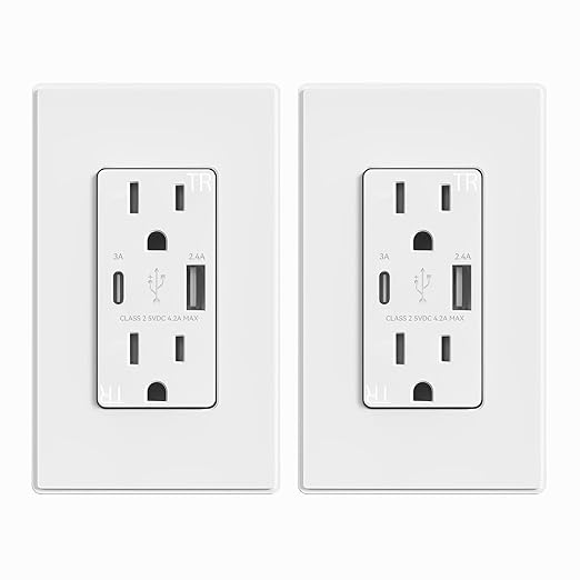 ELEGRP USB Charger Wall Outlet, Type A & C USB Ports, 15 Amp Duplex Tamper Resistant Receptacle Plug NEMA 5-15R, Wall Plate Included, UL Listed (2 Pack, Matte White)