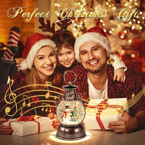 DGSCAK Musical Snow Globe Lantern – 9.4" Lighted Bronze Christmas Snow Globe with Music & Glitter, Snowman & Tree Inside, 8 Songs, 6H Timer, Hanging Ring, USB or Battery Powered, Holiday Decor Gift