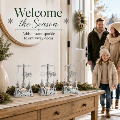 Winter Cabin Silver Holiday Candle Spinners Set of 3, Silver Plated Laser Cut Christmas Tea Light Candle Holders with Cabin, Trees & Snowflake Charms, Spinning Winter Scene Table Decor, 5 Inch